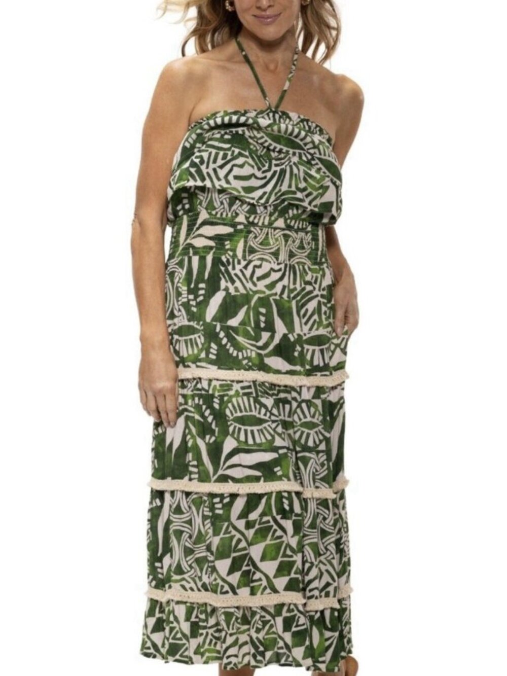 Dotti Smocked-Waist Tiered Convertible Cover-Up Dress, Amazonian Wonder,M